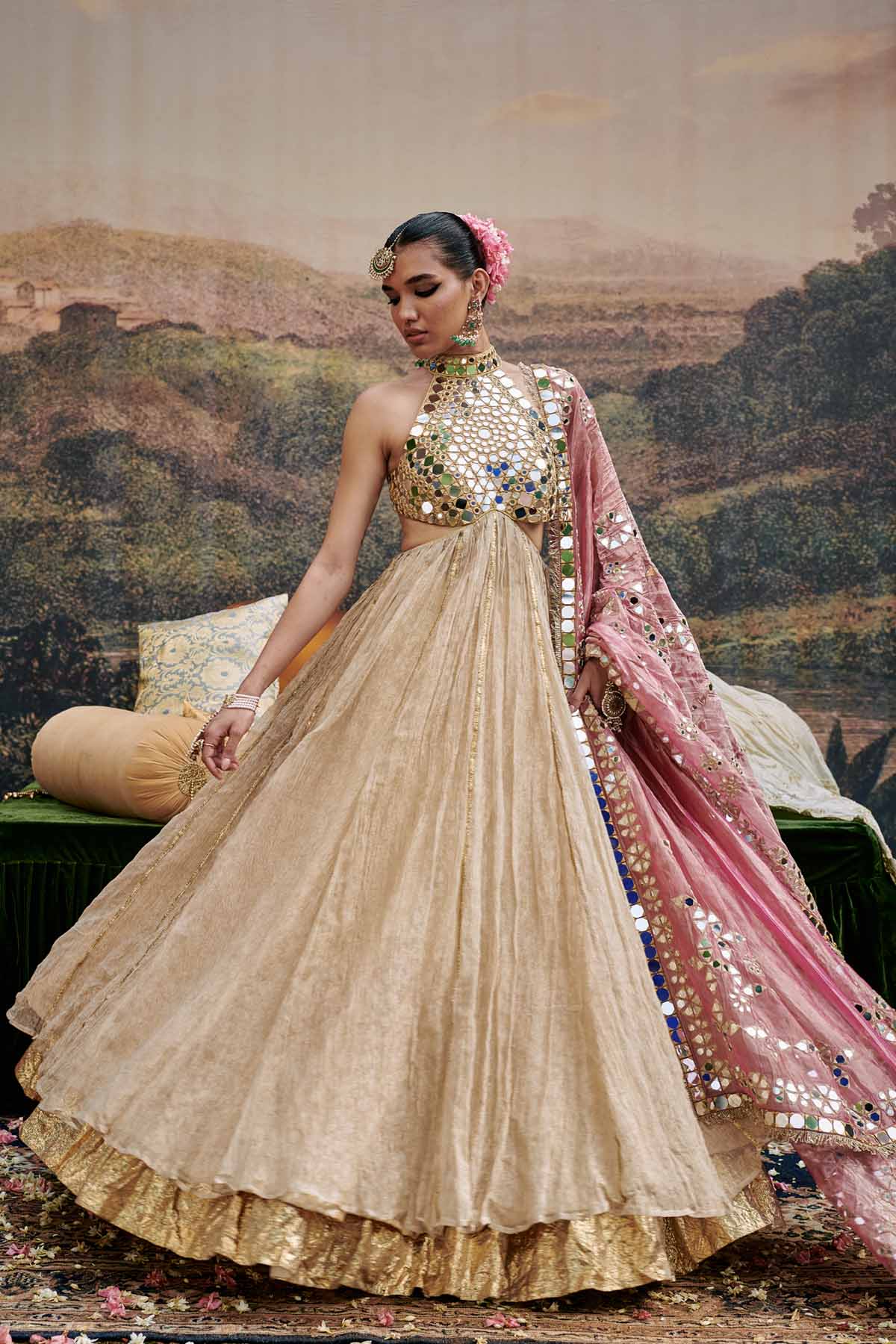 Buy ITRH, Designer Beige Gota Attached Lehenga Set Online